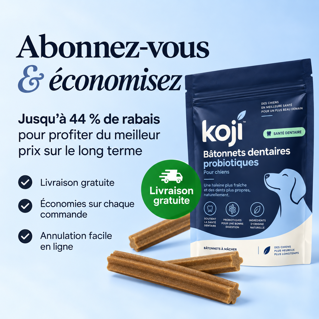 Bâtonnets dentaires prébiotiques – Contre la plaque dentaire et la mauvaise haleine
